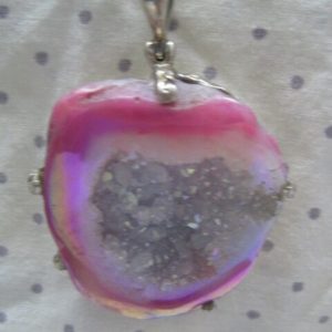 Alternative view of Pink Agate Geode - rhodium plated setting with chain