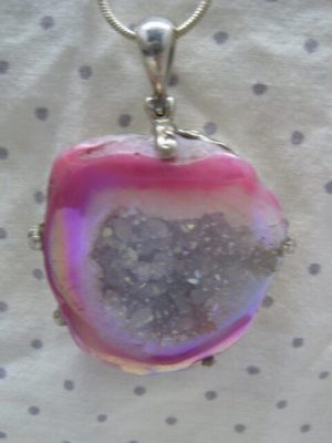 Alternative view of Pink Agate Geode - rhodium plated setting with chain