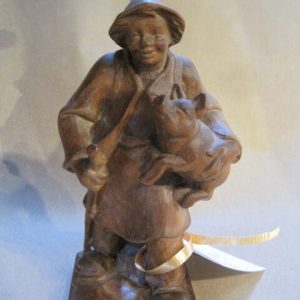 German Wood Carving of Old Man with Pig by Brigitte Fuchs Holzschnitzerei