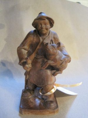 German Wood Carving of Old Man with Pig by Brigitte Fuchs Holzschnitzerei