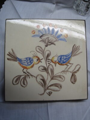 Blue Bird Trivet in brass frame - European hand painted.