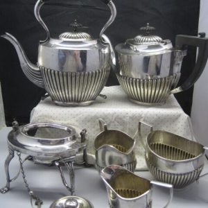 Alternative view of Sheffield Silver Plate 6 piece - Henry Rogers, Sons & Co.-  Tea Pot,  Spirit Kettle Stand & Burner, Teapot, Milk Jug, Creamer, Sugar Bowl 