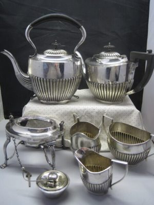 Alternative view of Sheffield Silver Plate 6 piece - Henry Rogers, Sons & Co.-  Tea Pot,  Spirit Kettle Stand & Burner, Teapot, Milk Jug, Creamer, Sugar Bowl 