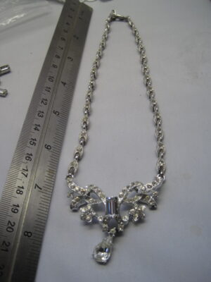 Rhinestone Tear Drop Bow Necklace with Rhinestone studded chain - 1940s - Image 11