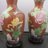 Pair Cloisonne vases with floral motifs on wooden bases - Image 2