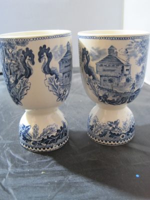 Johnson Bros Double Egg Cups "Historic America Blue" Acorn Oak Blue Transferware Set/2 Vintage
