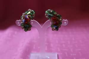 Vintage Green & Red Glass Bead Clip Earrings