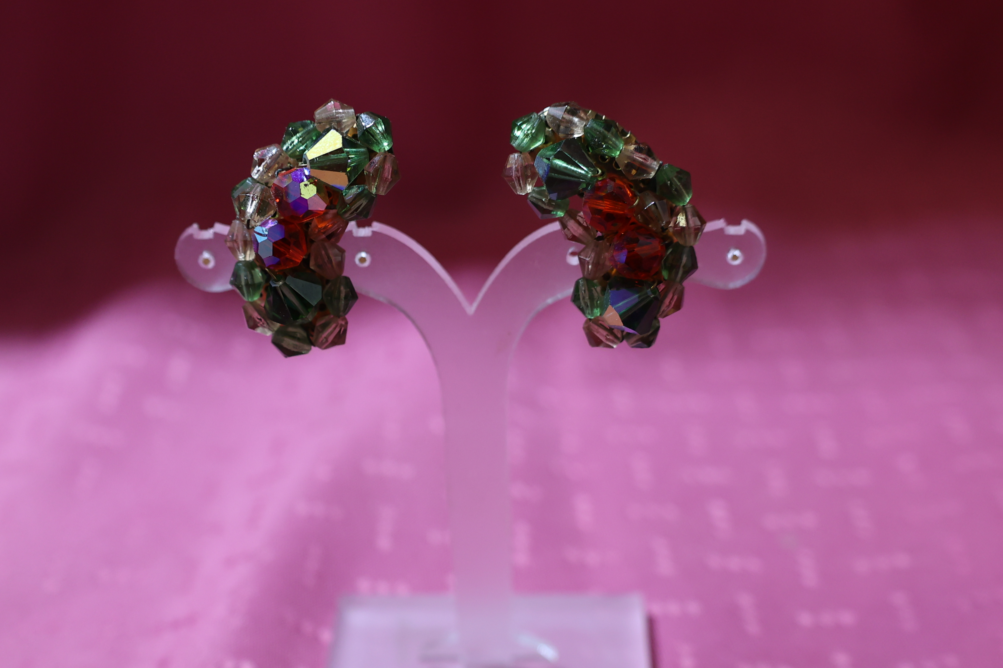 Vintage Green & Red Glass Bead Clip Earrings