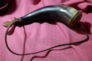 Alternative view of Antique Canadian Powder Horn with carved Beaver tail plug