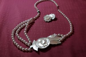 Carved Mother of Pearl Lotus Flower on Pearl Necklace with matching earrings