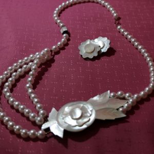 Carved Mother of Pearl Lotus Flower on Pearl Necklace with matching earrings
