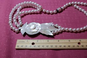 Alternative view of Carved Mother of Pearl Lotus Flower on Pearl Necklace with matching earrings