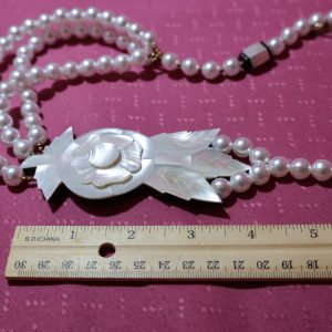 Alternative view of Carved Mother of Pearl Lotus Flower on Pearl Necklace with matching earrings