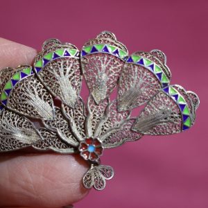 Silver Filigree & Enamel Vintage Fan Brooch