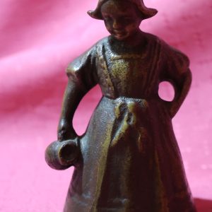 Solid Brass Antique Bell of Dutch Milkmaid carrying pitcher with original leg clangors ~ rare