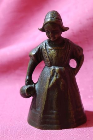 Solid Brass Antique Bell of Dutch Milkmaid carrying pitcher with original leg clangors ~ rare