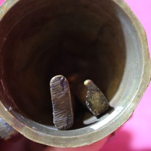 Alternative view of Solid Brass Antique Bell of Dutch Milkmaid carrying pitcher with original leg clangors ~ rare