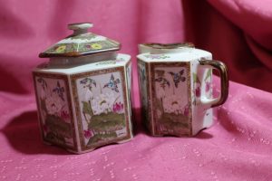 Toyo Ming Lotus Cream & Sugar with lid ~ Hummingbirds & Lotus Flowers ~ Octagonal~ Japan