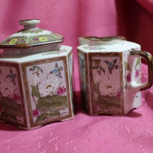 Toyo Ming Lotus Cream & Sugar with lid ~ Hummingbirds & Lotus Flowers ~ Octagonal~ Japan