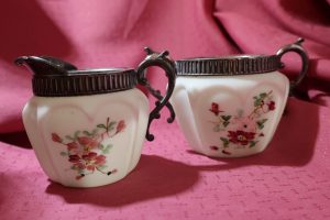 Mt.Washington Victorian Floral Hand Painted Satin Milk Glass Silver Plate Sugar Bowl & Creamer