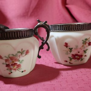 Mt.Washington Victorian Floral Hand Painted Satin Milk Glass Silver Plate Sugar Bowl & Creamer