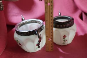 Alternative view of Mt.Washington Victorian Floral Hand Painted Satin Milk Glass Silver Plate Sugar Bowl & Creamer