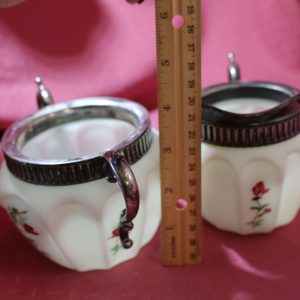 Alternative view of Mt.Washington Victorian Floral Hand Painted Satin Milk Glass Silver Plate Sugar Bowl & Creamer