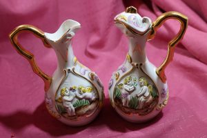 Alternative view of Capodimonte Oil (Olio) & Vinegar (Aceto) Cruets ~ Handpainted Cherubs ~ vintage Italian