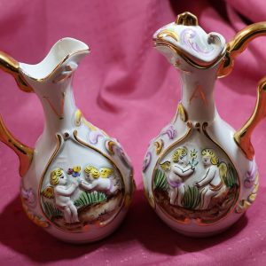 Alternative view of Capodimonte Oil (Olio) & Vinegar (Aceto) Cruets ~ Handpainted Cherubs ~ vintage Italian