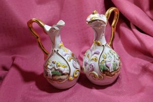 Capodimonte Oil (Olio) & Vinegar (Aceto) Cruets ~ Handpainted Cherubs ~ vintage Italian