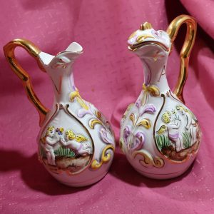 Capodimonte Oil (Olio) & Vinegar (Aceto) Cruets ~ Handpainted Cherubs ~ vintage Italian