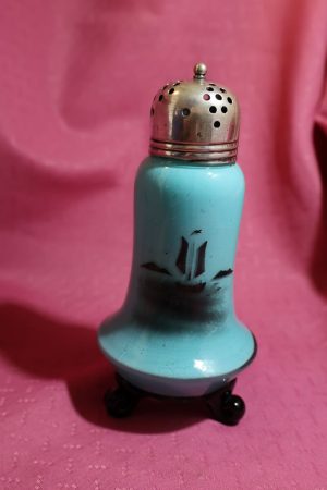 Turquoise Glass Black Sailboat Design  & 3 Footed Sugar Shaker