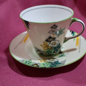 Aynsley Art Deco Geometric Floral Design ~ Green, Yellow, Black Cup and Saucer