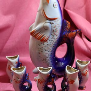 Cobalt Blue "Fish Family"  Decanter Carafe  Drinking Set ~ Soviet Russia ~ Ukraine