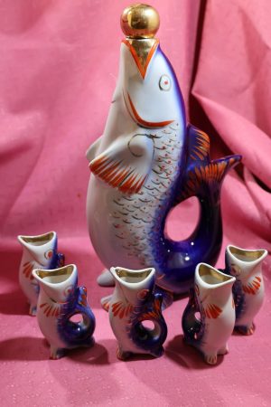 Cobalt Blue "Fish Family" Decanter Carafe Drinking Set ~ Soviet Russia ~ Ukraine